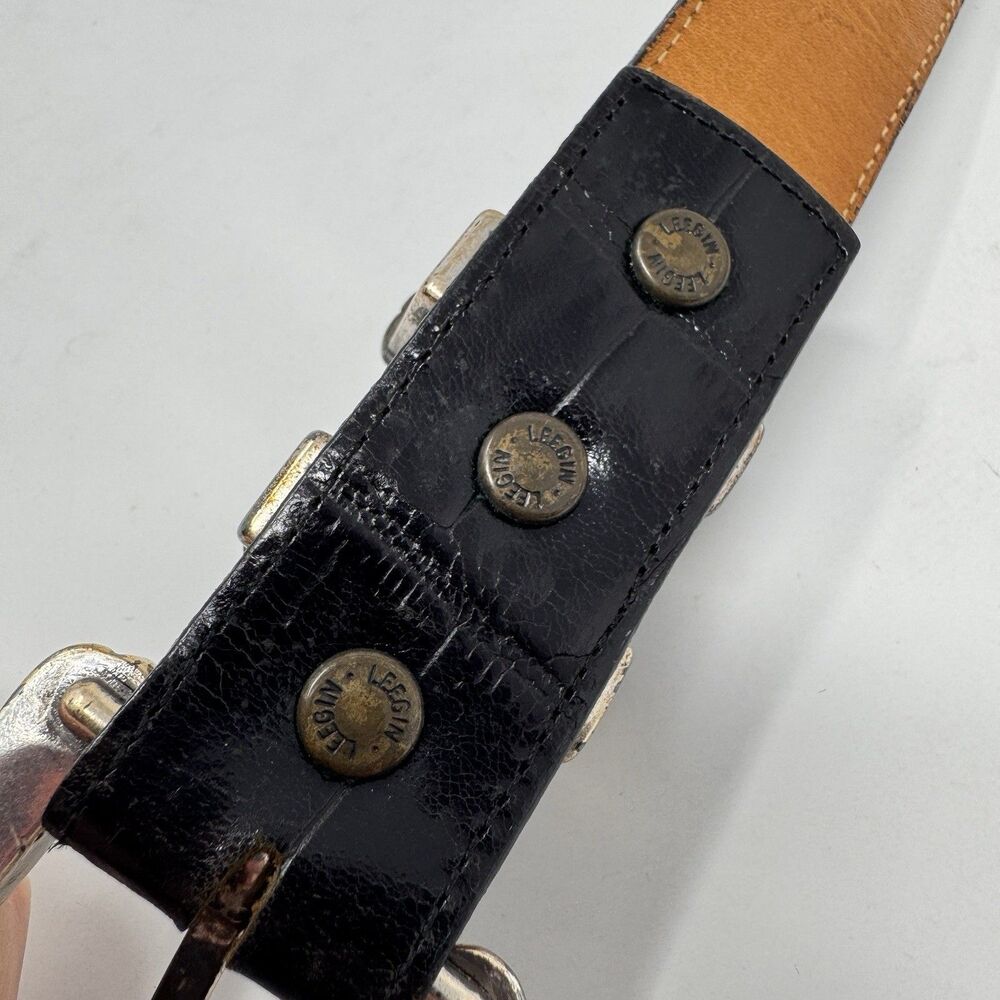 Vintage ONYX 19403 Black Leather Belt Size 28 Marked 1993 90s Silver Buckle Tip - Picture 8 of 14